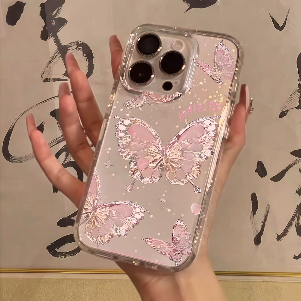 Clear Shockproof Bumper Case - Rosa Schmetterling Glitzer Handyhülle für iPhone